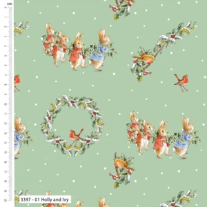 Peter Rabbit Christmas Fabric 112cm Cotton Joy of Giving 3397-01 Holly & Ivy Grn - Picture 1 of 1