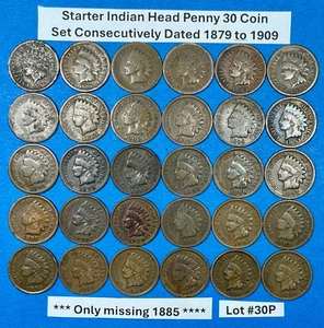 Indian Head Penny STARTER SET of 30 Coins ALL DIFFERENT DATES 1879-1909 Lot #30P - Picture 1 of 5