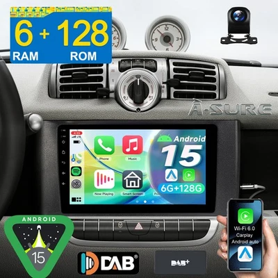 DAB+ 6+128G Android 15 Autoradio CarPlay Navi Kam Für Smart Fortwo 451 2011-2015 - Bild 1 von 4