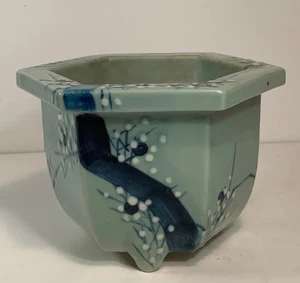 Antigua maceta bonsái Celadon verde cerámica pintada a mano flores de cerezo 7" - Imagen 1 de 9