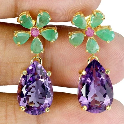 925 Sterling Silver Earrings Pear Amethyst 15x10mm Emerald Ruby Gemstone Jewelry - Image 1 of 4