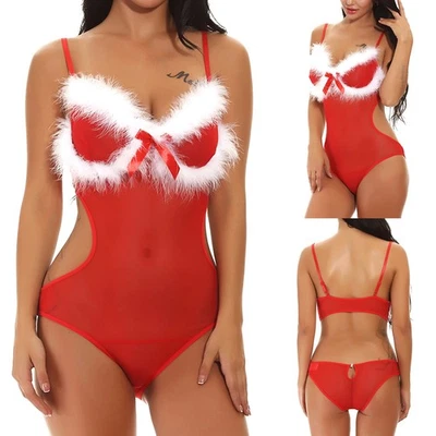 Mujeres Navidad Sexy Peluche Babydoll Santa Encaje Lencería Una Pieza Body Rojo Foto 1 de 4