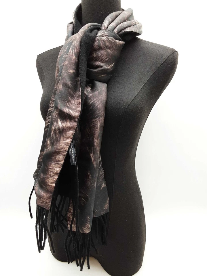 Alexander Mcqueen Brown Black Fur Printed Silk Black Wool Scarf Do1025lxzde - Image 1 of 4