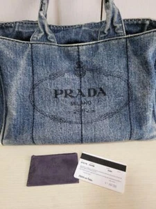 Prada Canapa Handbag Women's Tote Bag Denim Large Mint Blue #3 - Picture 1 of 12