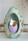 GROSSES 14"" Osterfrühling luxuriöses blaugrünes Ei mit 3D Gold Schmetterling innen neu