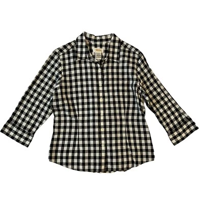 Talbots Petites Blouse Womens PM Black Check Linen Blend Collared Button Down - Image 1 of 4