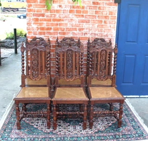 Set of 6 French Antique Louis XIII Oak Dining Chairs w/ Carved Backs & Cane - Picture 1 of 11