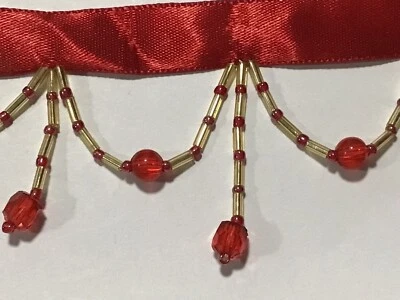 3.7 yards upholstry lamp shade trim 2" wide red beads on satin ribbon Foto 1 de 3