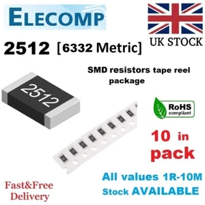 2512 Resistencias 1%, 5% Rango E24 0 Ohm-10M Ohm (paquete de 10 en) Envío gratuito stock Reino Unido - Imagen 1 de 3
