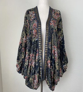 Free people Jaipur Embellished Printed Kimono Jacket OS Boho Festival Floral - Picture 1 of 13