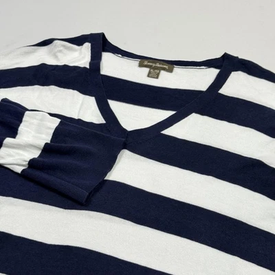 Tommy Bahama Suéter Mujer XL Azul Marino Blanco Rayas Cuello en V Manga 3/4 Tejido Top Foto 1 de 4