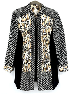 Chicos Jacket Women’s Size 3 Large Black Tan Cheetah Leopard Print Open Front