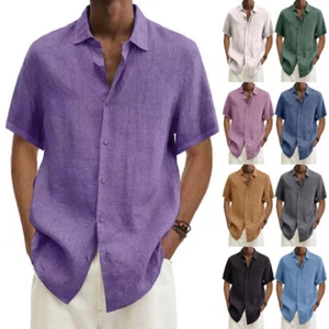 Mens Short Sleeve Linen Shirt Casual Baggy Button-up Hawaiian Holiday Plain Tops - Picture 1 of 25