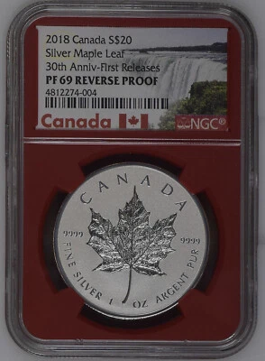 2018 Canada $20 Silver Maple Leaf 30th Anniversary First Releases NGC PF69 Red - Image 1 of 2