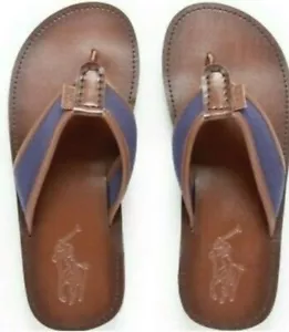 POLO RALPH LAUREN MENS BROWN/BLUE LEATHER FLIP FLOP SANDALS SLIDES 9,10,11,12,13 - Picture 1 of 8