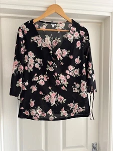Ladies Size 20 Black Floral V Neck Top Etam Sleeves Preowned Special Occasion - Picture 1 of 9