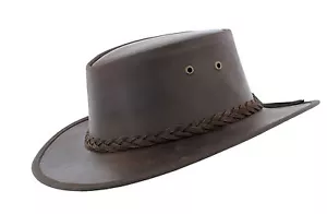 Genuine Leather Outback Style Fedora Bush Hat In Brown With Chin Strap - Picture 1 of 3