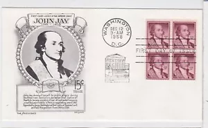 TurtlesTradingPost - John Jay 15 Cent #1046 - 1958 FDC Aristocrats Block of 4 - Picture 1 of 1
