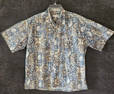 L Pierre Cardin Hawaiian Shirt Blue & Brown Fish Pinapple Short Sleeve Button Up - Image 1 of 4