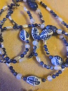 Necklace Matching Earrings SET Haind Painted Beads 40" Long Blue White Asian - Picture 1 of 8