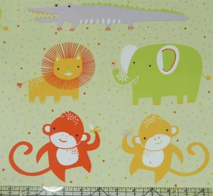 Safari Sweet Lion Monkey Elephant Animals Lime Organic Fabric - Picture 1 of 2