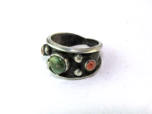Artisan Green Turquoise & Coral Ring Vintage Sterling Silver Size 8 Handmade - Picture 1 of 8