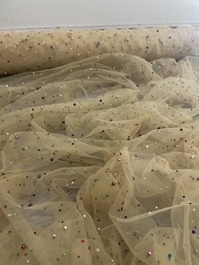 1 mtr gold mutli coloured pearl studded tulle net bridal fabric..58”wide - Picture 1 of 4