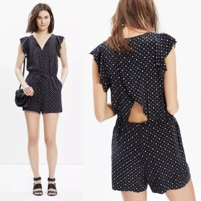 Madewell Petal Play Dotmix 100% Silk Romper, size XS, black/white/gray - Image 1 of 4