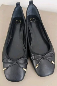 Marc Fisher Black Leather Ballet Flat Square Toe Classic Womens 7 Bow Shoe Ubet - Picture 1 of 11