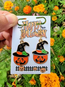 Sombrero de bruja calabaza Halloween pendientes colgantes | Jack-O’-Lantern joyería regalo - Imagen 1 de 4