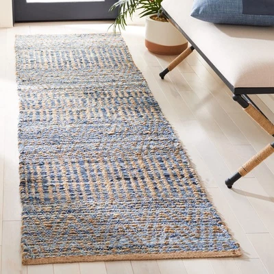 Alfombra Cape Cod Runner 2'3"x12' Natural Azul Yute Hecha a Mano Tejido Plano Costero Foto 1 de 4
