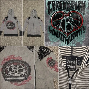 Crash and Burn Striped Ornate Bling Skull Hoodie - Picture 1 of 9