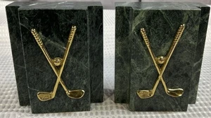 Extremos de libro vintage de mármol verde, palos de golf de latón - golfistas - Imagen 1 de 5