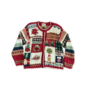 Heirloom Collectibles elfenbein rot Strick Grobstrick bestickt Cardigan Pullover Gr. M - Bild 1 von 4