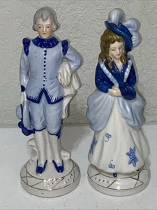 VTG Occupied Japan Blue Delft Victorian Colonial Courting Couple Man Woman 8” - Picture 1 of 9