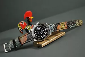 MA WATCH STRAP 22 20 18 BLACK 1 FANTASIA GENUINE EXOTIC LEATHER HANDMADE BAND - Picture 1 of 12