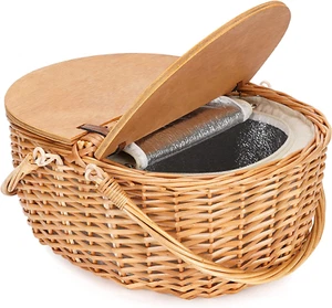Wicker Picnic Basket with Cooler, Wooden Split Lid Picnic Basket, Vintage-Style - Picture 1 of 12