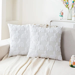 Velvet Easter Bunny Throw Pillow Covers 18X18 Set of 2 White Rabbit Embroidery D - Picture 1 of 7