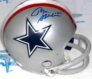 MINI CASCO ROGER STAUBACH FIRMADO DALLAS VAQUEROS 2 BARES THRWBK Azul marino - J.S.A. Cert - Imagen 1 de 4