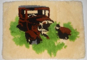 Latch Hook Rug - Old Model Car on Grass - Completed 24" x 34" - Picture 1 of 3