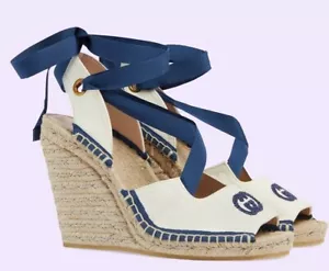Neu im Karton Gucci GG ineinandergreifende Damen-Espadrille-Keilabsatz-Sandalen mit Band - Bild 1 von 6