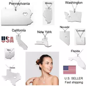 State Necklace Pendant US Country Map Pendant Charm State Map Stainless Steel - Picture 1 of 56