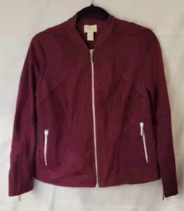 Chico's Women’s Bomber Moto Jacket Full Zipper Faux Suede Size 0 Petite Burgundy - Picture 1 of 6