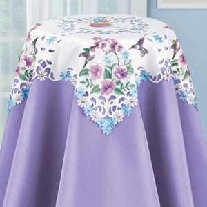 Embroidered Hummingbird & Purple Orchids Spring Cutwork Square Table Cloth 33"Sq - Picture 1 of 3