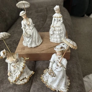 Vintage Lefton China Hand Painted Women With Parasols Signed Set Of 4 - Picture 1 of 13