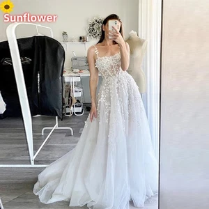 Boho Spaghettiträger Brautkleider ärmellos Spitze Blumen Strand Brautkleider - Bild 1 von 7