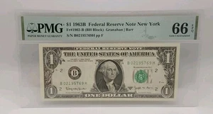 1963B $1 Federal Reserve Note New York PMG Gem Uncirculated 66 EPQ  Fr. #1902-B - Picture 1 of 2