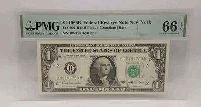 1963B $1 Federal Reserve Note New York PMG Gem Uncirculated 66 EPQ  Fr. #1902-B - Image 1 of 2