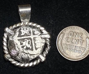 Authentic Spanish-Colonial 1-Real Silver Shipwreck Cob Coin + PINK DIAMOND BEZEL - Picture 1 of 23