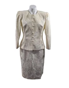 Set completo vintage Nah Nah Petite gonna e giacca, panna broccato, taglia 12P - Foto 1 di 24